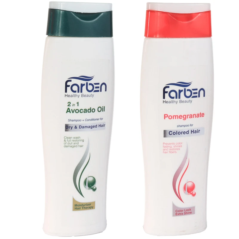 شامپو مو فاربن مدل روغن آووکادو مناسب برای موهای خشک و آسیب دیده حجم 250 میلی لیتر به همراه شامپو مو فاربن مدل عصاره انار مناسب برای موهای رنگ شده حجم 250 میلی لیتر