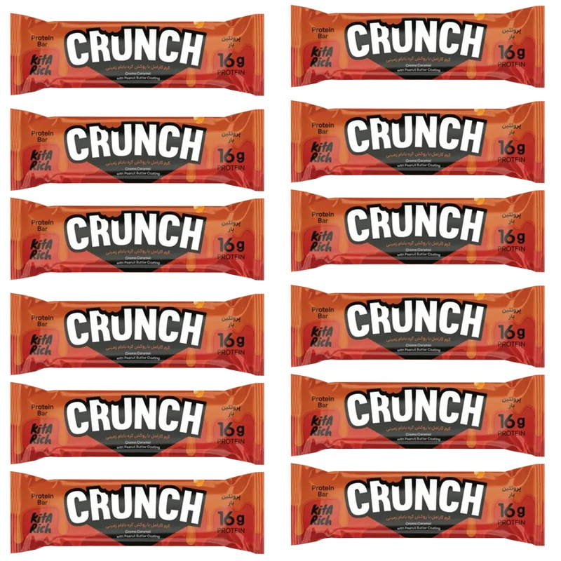 پروتئین بار کرانچ کرم کارامل با روکش کره بادام زمینی کیتاریچ - 45 گرم بسته 12 عددی