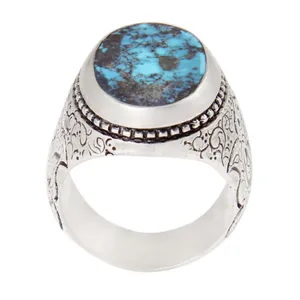 انگشتر نقره مردانه بازرگانی میلادی مدل سنگ فیروزه طبیعی نیشابور رکب دست ساز سیاه قلم کدAM_2017