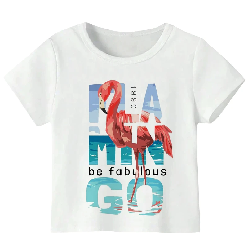 تی‌شرت آستین کوتاه دخترانه مدل W116 طرح فلامینگو