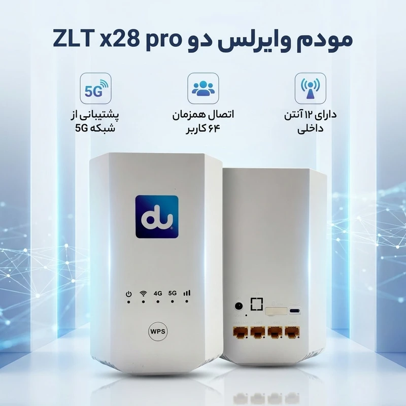 عکس شماره 3 : مودم وایرلس 5g دو مدل zlt x28 pro با پشتیبانی همزمان 64 کاربر، فرکانس 2.4ghz و 5ghz، شبکه ac، 12 آنتن داخلی، رابط usb type-c و سازگار با اپراتورهای ایرانسل، همراه اول، رایتل و شاتل