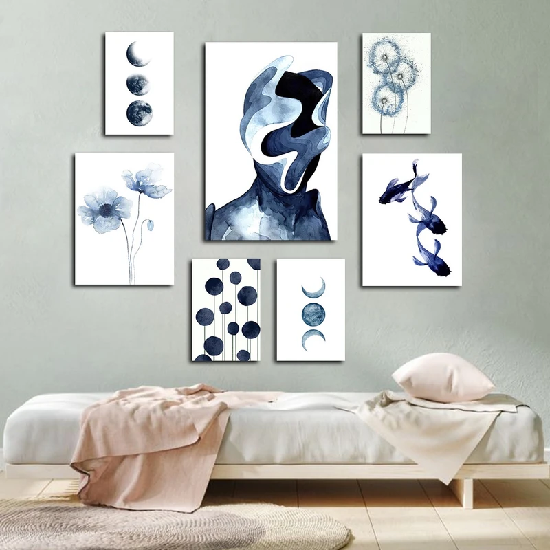 تابلو شاسی بکلیت طرح نقاشی مینیمال چهره و ماه و ماهی مدل SH-3013 مجموعه 7 عددی