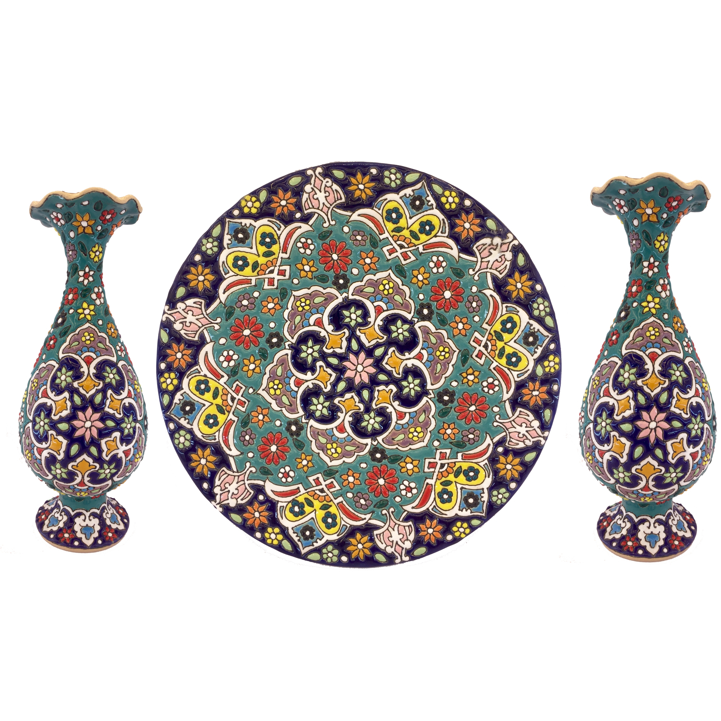 ست سه تکه گلدان و بشقاب میناکاری زمانیان کد zmn21057