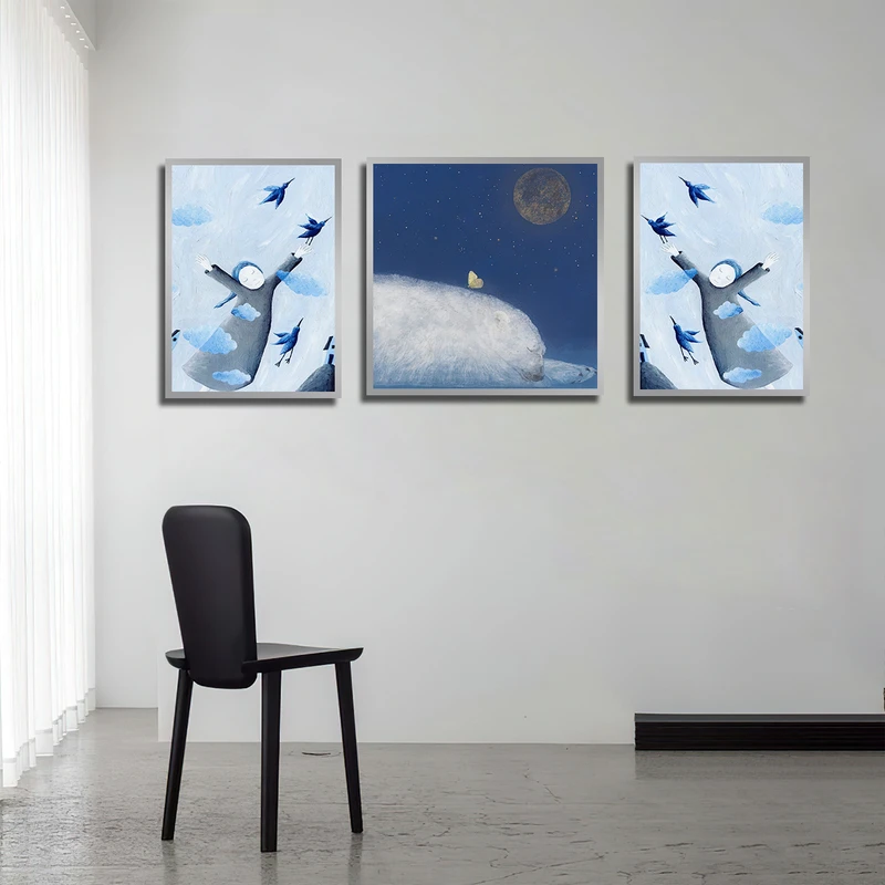 تابلو بکلیت طرح دکوراتیو نقاشی دخترانه و پرنده مدل SI-3471 فریم نقره ای مجموعه 3 عددی