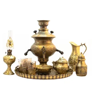 سرویس سماور ذغالی 14 پارچه برنجی مدل قلم کاری کد 3272