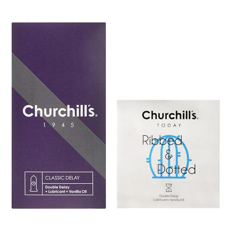 کاندوم چرچیلز مدل کلاسیک تاخیری بسته 12 عددی به همراه کاندوم چرچیلز مدل شیاردار و خاردار بسته 3 عددی