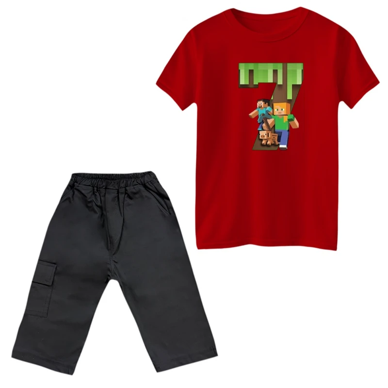 ست تی‌شرت و شلوارک پسرانه مدل ماینکرفت کد 7 رنگ قرمز