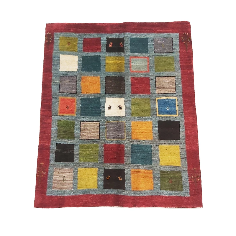 گبه بختیاری سه متری مدل خشتی زمینه طوسی آبی