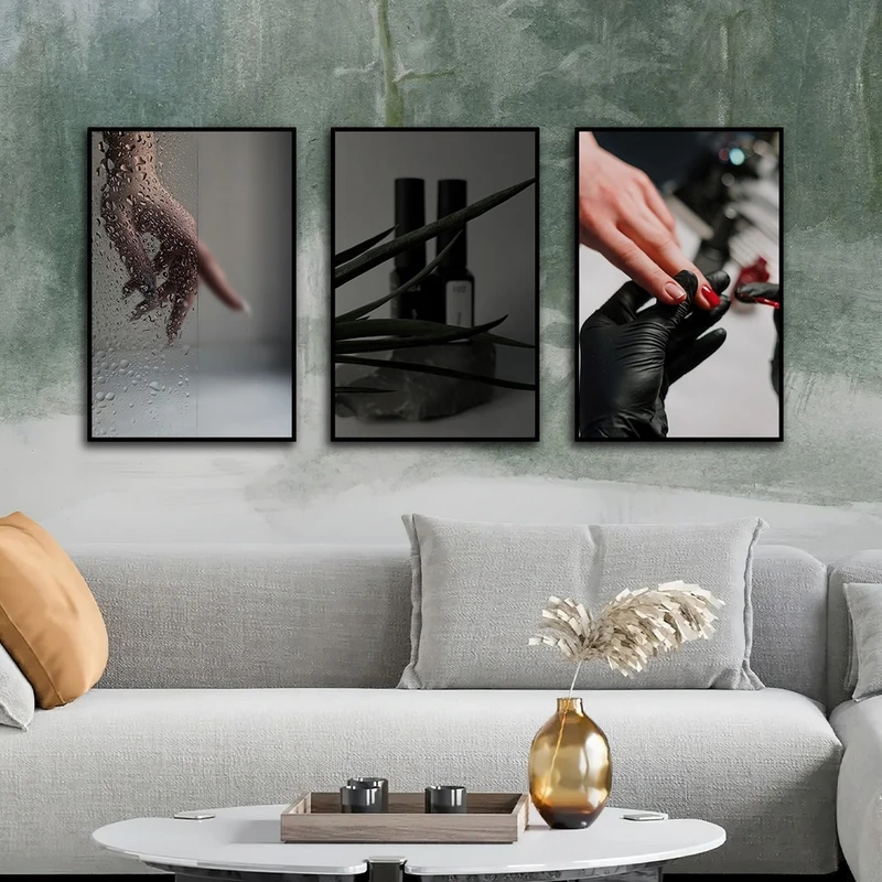 تابلو ساده بکلیت طرح کاشت ناخن و لاک ناخن مدل شاین اکلیلی B-2702 فریم مشکی مجموعه 3 عددی