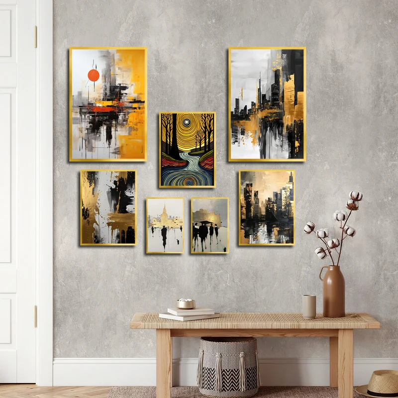 تابلو بکلیت طرح مدرن نقاشی انتزاعی مدل T-3479 فریم طلایی مجموعه 7 عددی