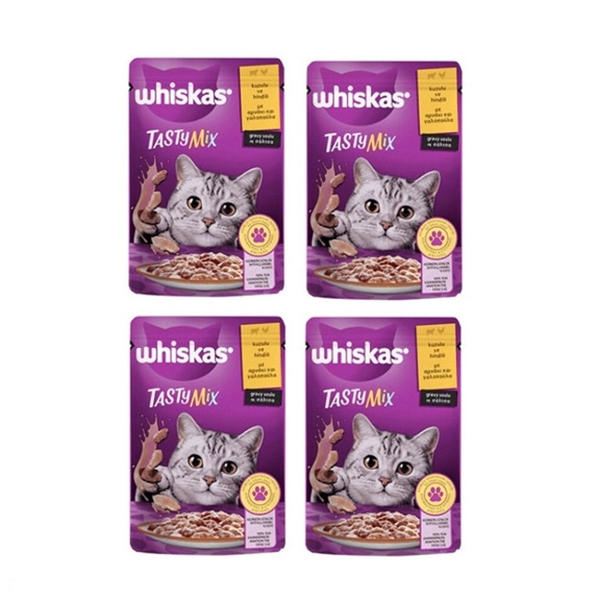 پوچ گربه بالغ ویسکاس مدل تستی میکس طعم بوقلمون، بره وزن 85 گرم مجموعه 4 عددی