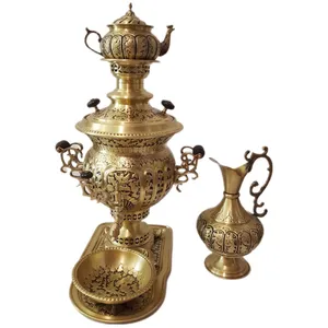 سرویس سماور ذغالی 5 پارچه برنجی مدل لبه دار