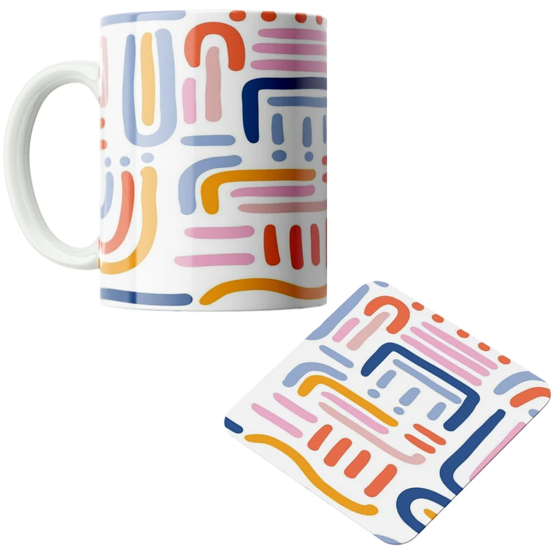 ماگ پاد آفرین مدل خطوط مختلف رنگی کد DKC516 به همراه زیر لیوانی