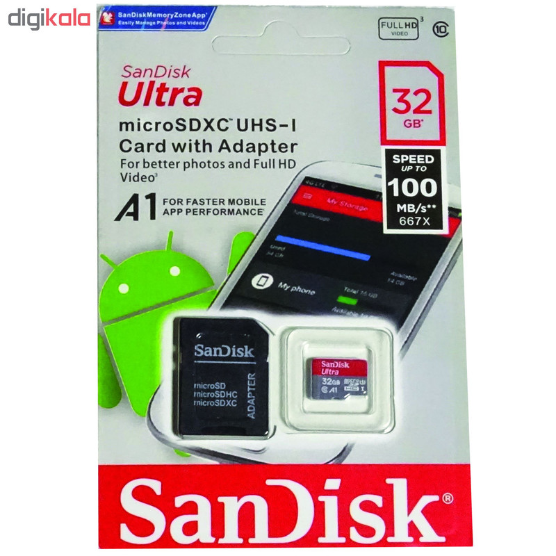 کارت حافظه microSDHC سن دیسک مدل Ultra A1 کلاس 10 استاندارد UHS-I سرعت 100MBps ظرفیت 32 گیگابایت به همراه آداپتور SD