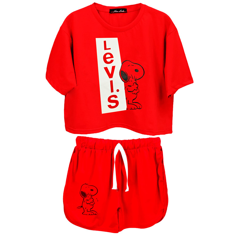 ست کراپ تی شرت و شلوارک زنانه طرح اسنوپی رنگ قرمز