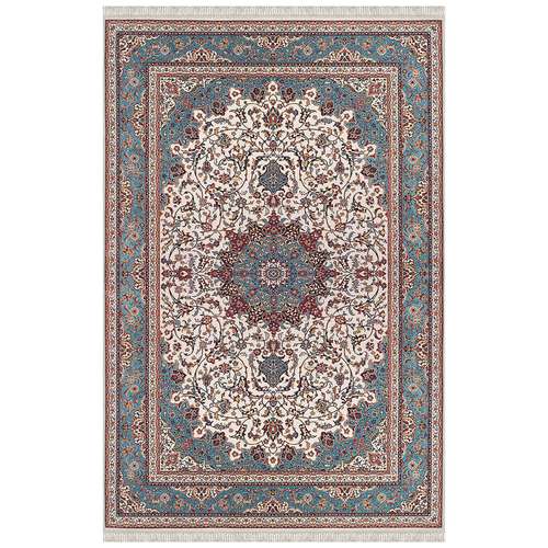 فرش ماشینی فرش ابریشمی کرامتیان مدل نقشه اصفهان زمینه فیروزه ای