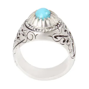 انگشتر نقره مردانه بازرگانی میلادی مدل سنگ فیروزه طبیعی نیشابور رکاب دست ساز سیاه قلم کد AM_2027