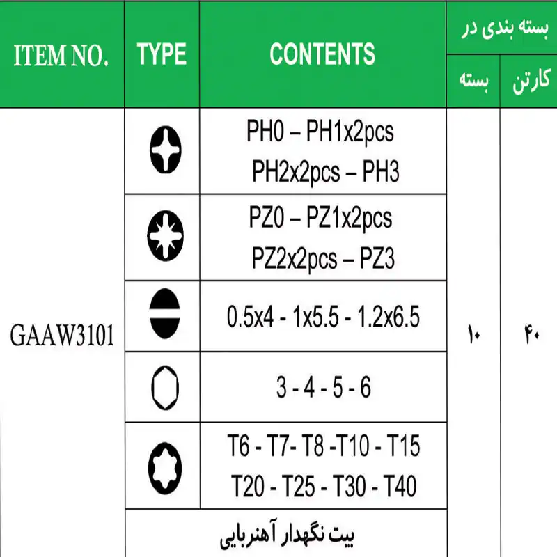 سری پیچ گوشتی دو سر چهار سو تاپ تول مدل GAAW3101 بسته 31 عددی
