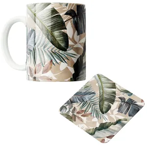 ماگ پاد آفرین مدل بوهو طرح برگ کد PZ297 به همراه زیرلیوانی