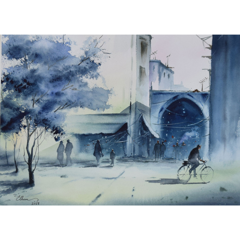 نقاشی آبرنگ طرح کوچه و خیابان کد 033