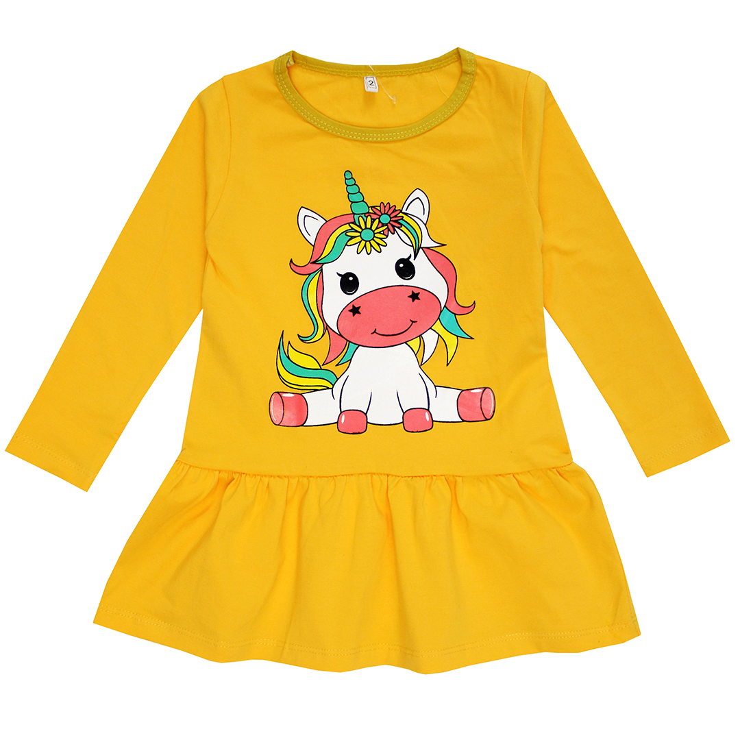 پیراهن دخترانه مدل اسب تک شاخ رنگ زرد