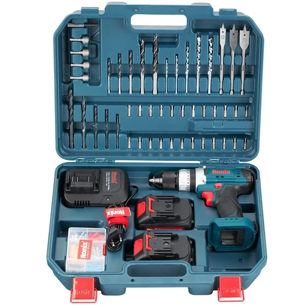 دریل چکشی سه نظام 13 میلیمتری مقاوم 20 ولت رونیکس کد RS-8619 مجموعه 53 عددی