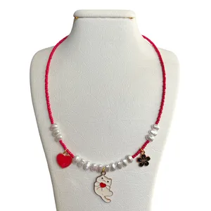 گردنبند دست ساز زنانه مدل منجوقی گربه و قلب 