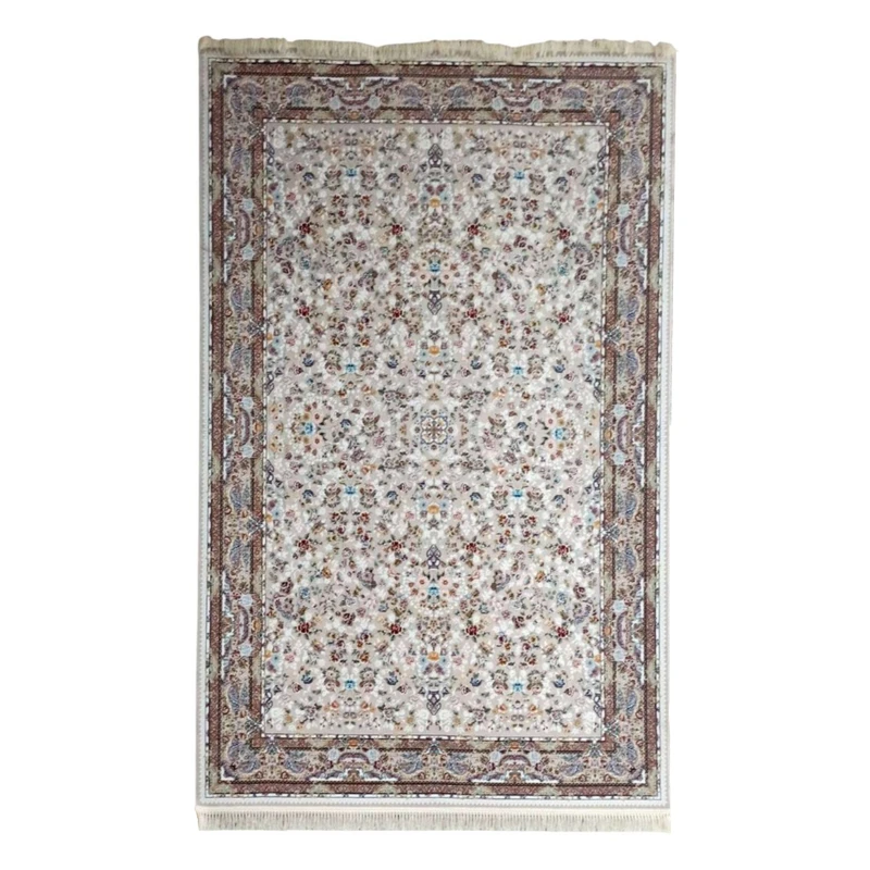 فرش ماشینی 1200 شانه زمینه کرم حاشیه الوان مدل نقش برجسته طرح کیمیا