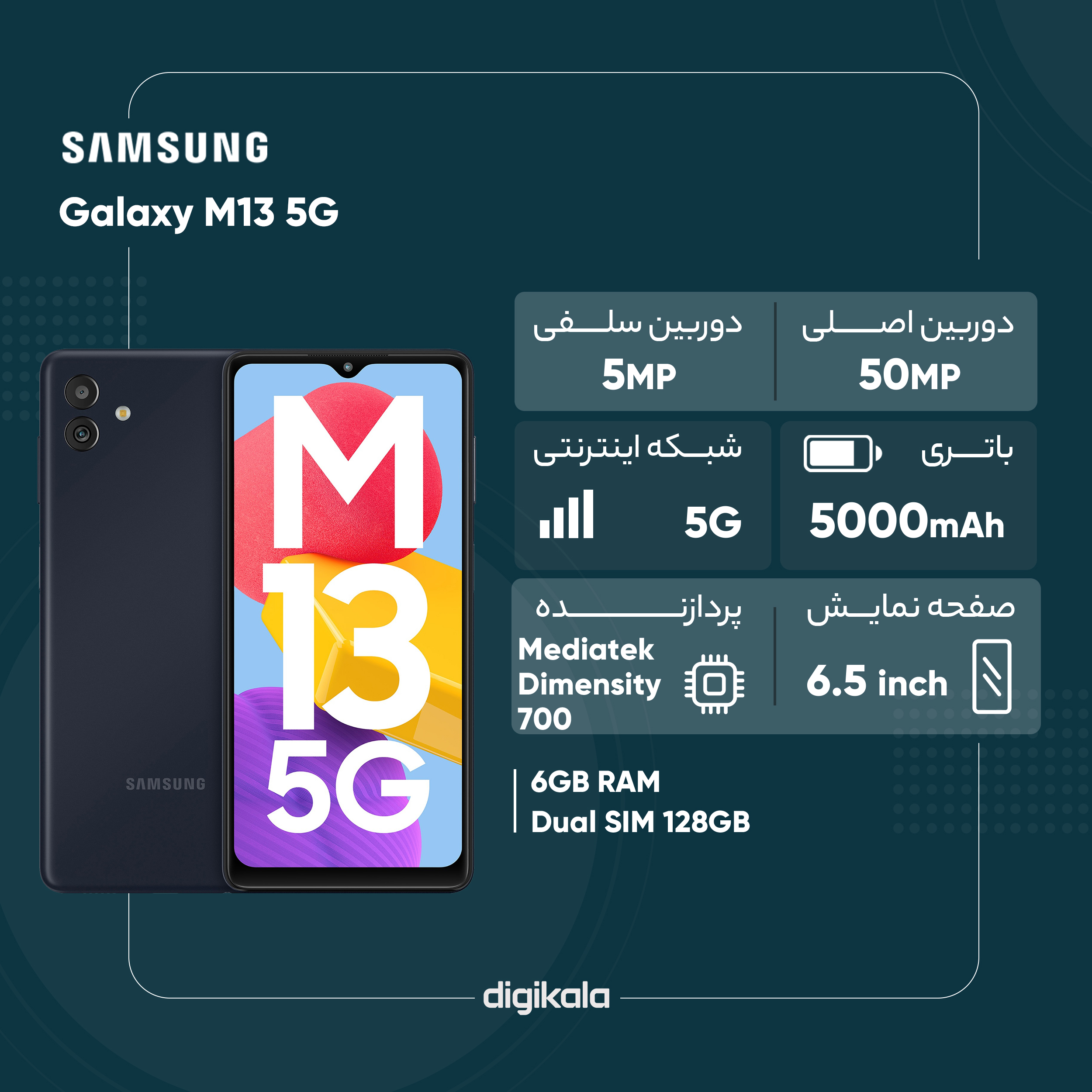گوشی موبایل سامسونگ مدل Galaxy M13 5G دو سیم کارت ظرفیت 128 گیگابایت و رم 6 گیگابایت - پک هند اکتیو