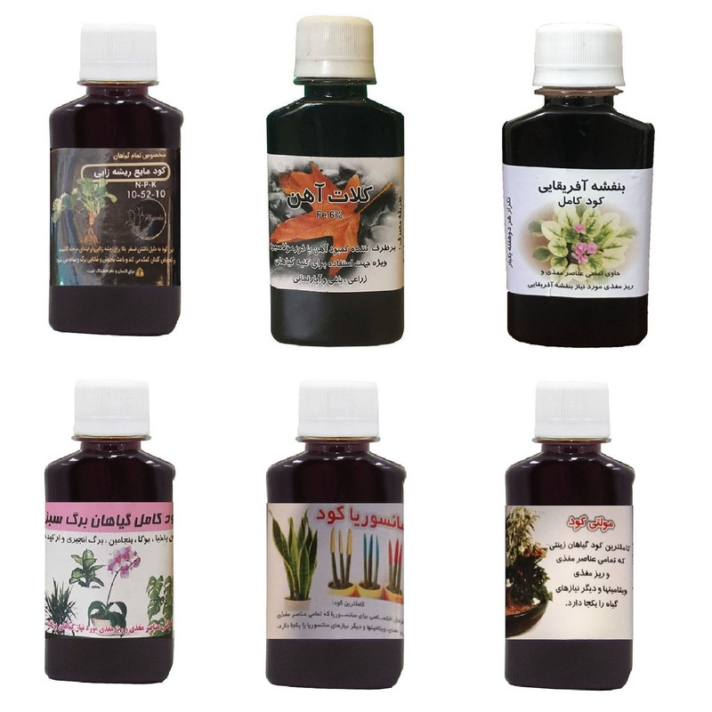 کود مایع فسفر ریشه زایی 10-52-10 و کلات آهن و کود بنفشه آفریقایی و گیاهان برگ سبز و کود سانسوریا و مولتی کود مدل life drop حجم 120 میلی لیتر