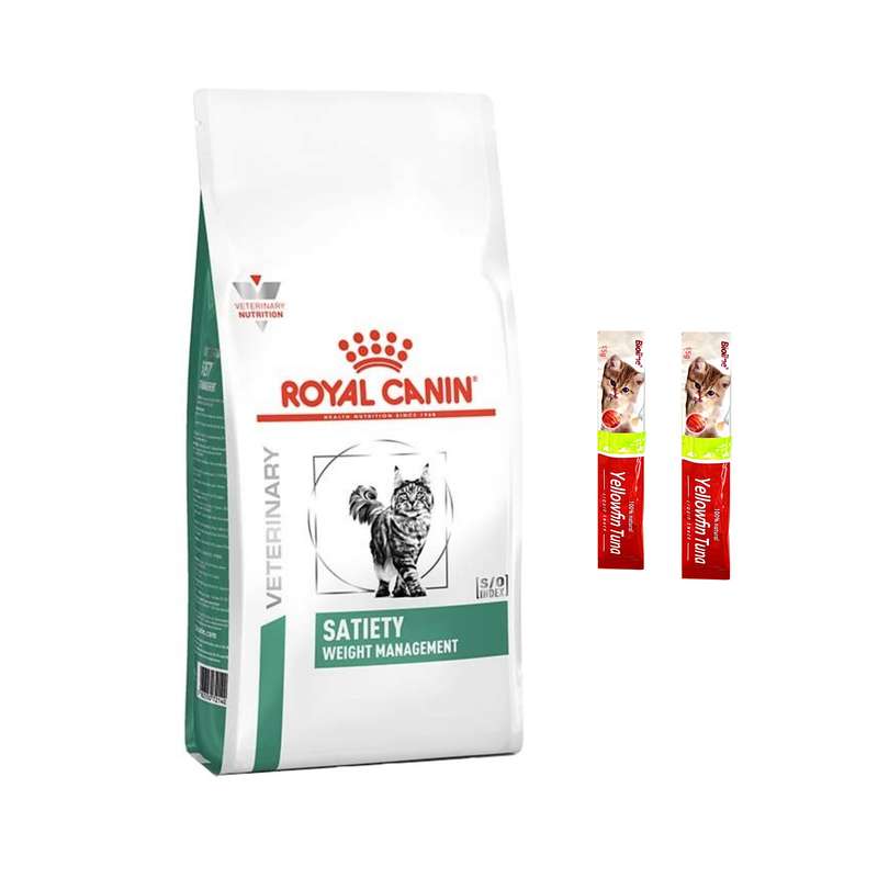غذای خشک گربه رویال کنین مدل satiety وزن 2 کیلوگرم به همراه 2 عدد بستنی بیولاین