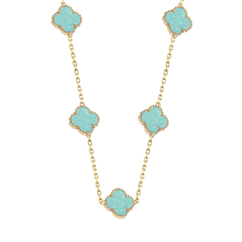 گردنبند طلا کم اجرت 18 عیار زنانه با زنجیر طرح ونکلیف ماوی گالری مدل گل فیروزه بولد 5 | گارانتی اصالت و سلامت فیزیکی کالا