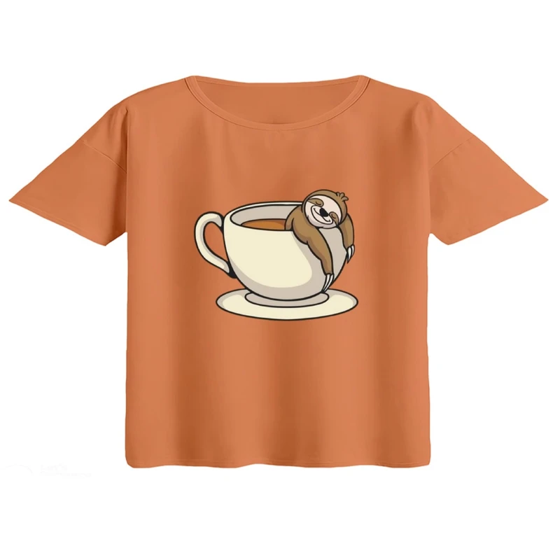 کراپ تی‌شرت آستین کوتاه زنانه مدل تنبل و قهوه کد2