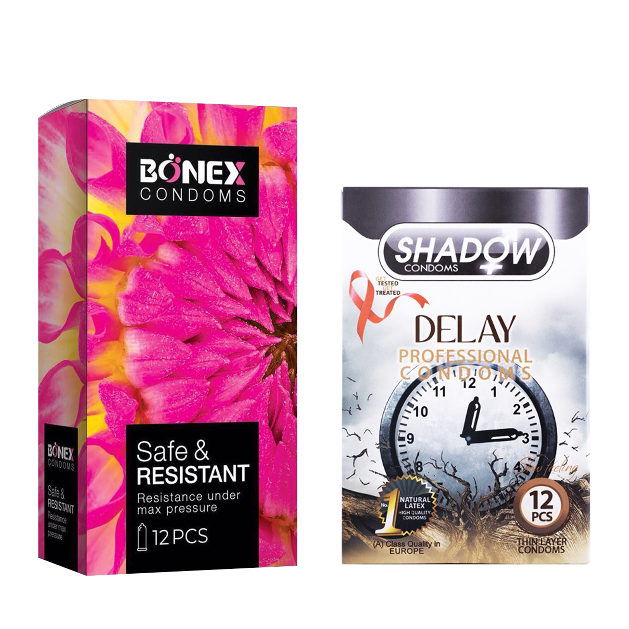 کاندوم بونکس مدل Safe & Resistant بسته 12 عددی به همراه کاندوم شادو مدل Delay بسته 12 عددی