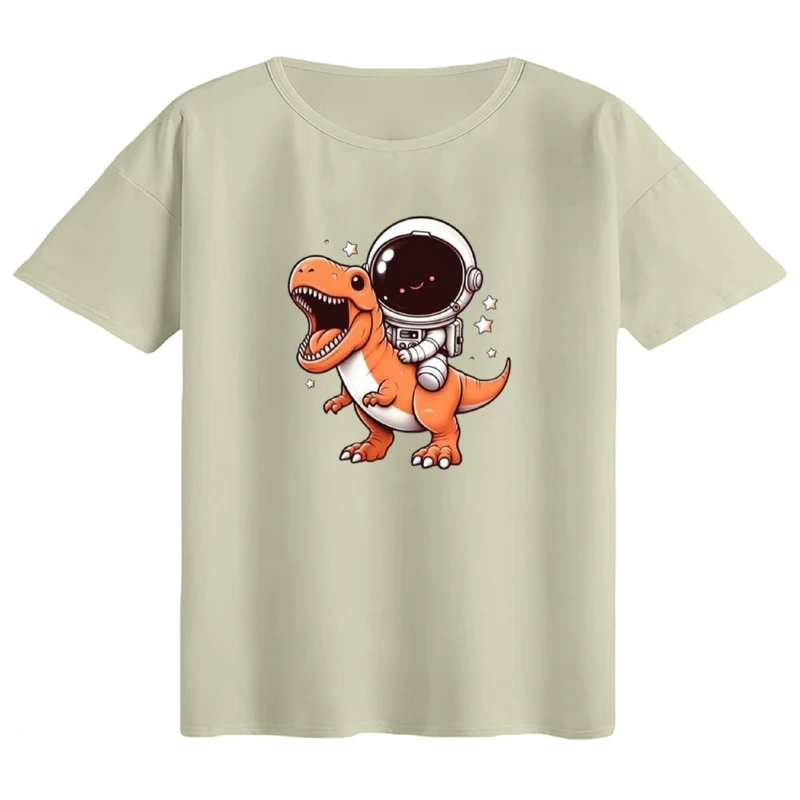تی‌شرت اورسایز آستین کوتاه زنانه مدل باکسی طرح فضانورد و دایناسور کد1