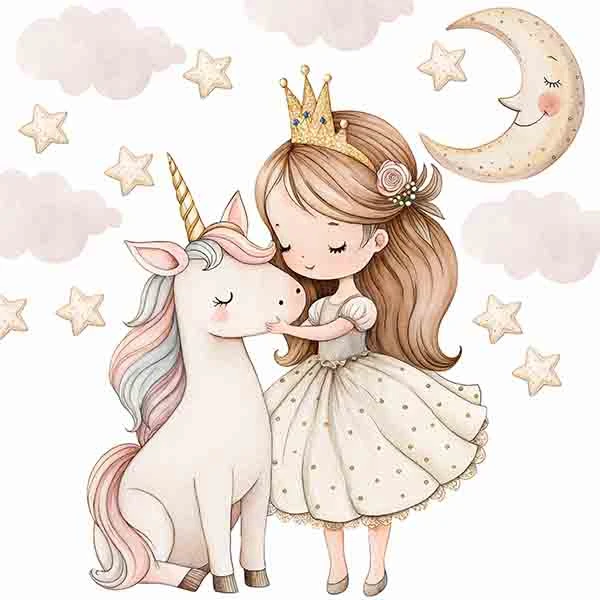 استیکر دیواری کودک راتیانا مدل girl and unicorn 02