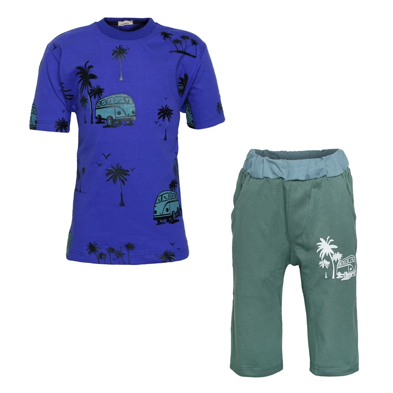 ست تی‌شرت آستین کوتاه و شلوارک راحتی پسرانه مدل نخل و ماشین