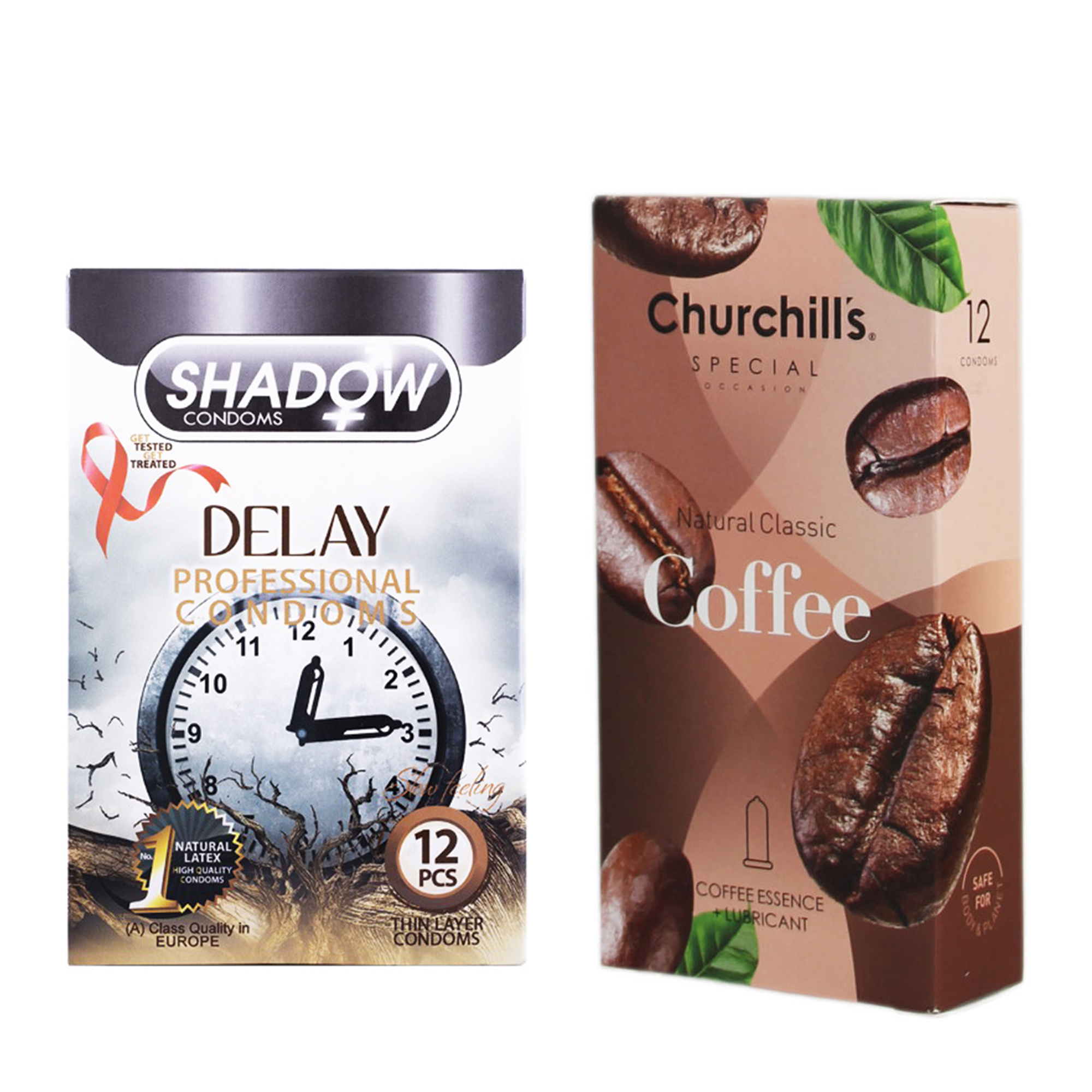 کاندوم چرچیلز مدل Coffee بسته 12 عددی به همراه کاندوم شادو مدل Delay بسته 12 عددی
