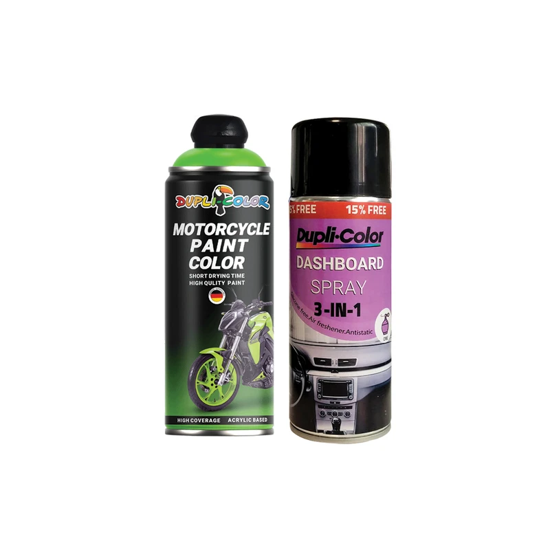 اسپری پولیش و خوشبو کننده داشبورد و اسپری رنگ موتور سیکلت سبز فلورسنت دوپلی کالر مدل شب تاب حجم 400 میلی لیتر مجموعه 2 عددی