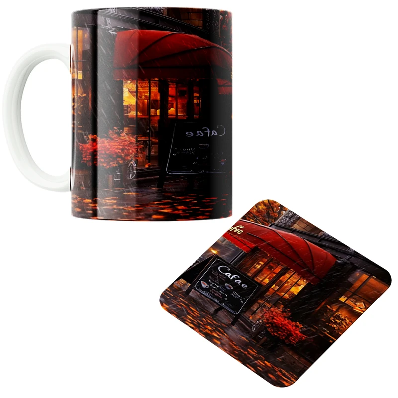 ماگ پاد آفرین مدل کافه بارانی کد 01 به همراه زیر لیوانی