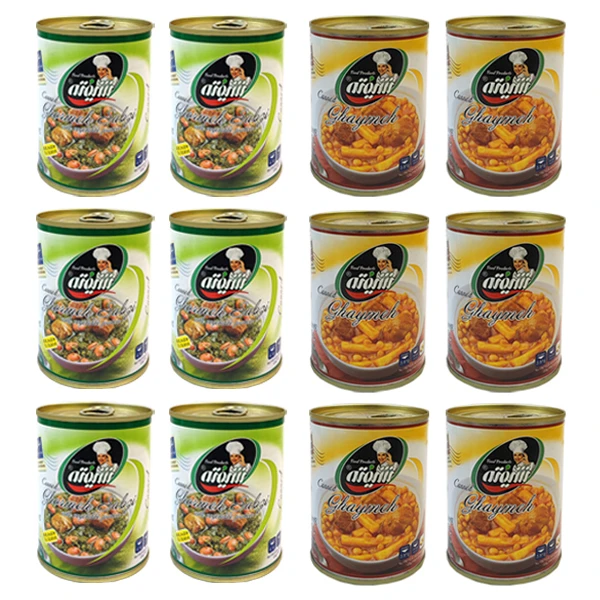 کنسرو خورشت قیمه و سیب زمینی با سویا شیفته - 370 گرم به همراه کنسرو خورشت قورمه سبزی با سویا شیفته - 370 گرم بسته 12 عددی