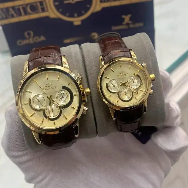 ست ساعت مچی عقربه ای زنانه و مردانه الگانس مدل بند چرمی تک موتوره کد 03