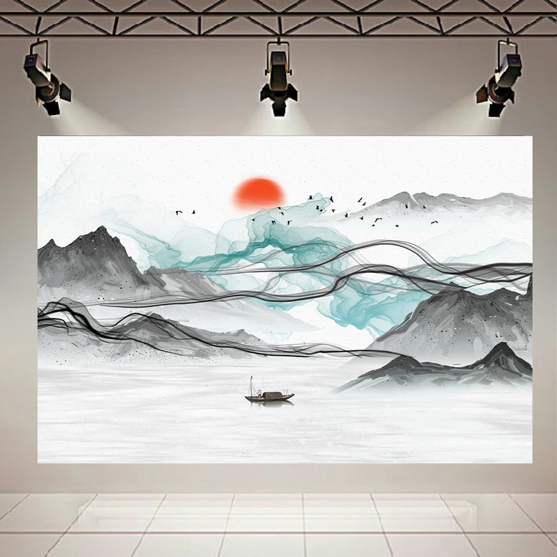 تابلو بوم طرح مینیمال طبیعت مدل غروب و قایق و کوهستان کد AR30851