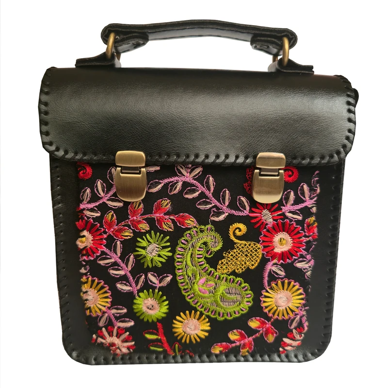 کیف دوشی چرمی غزال مدل دو قفل سوزن دوزی 014