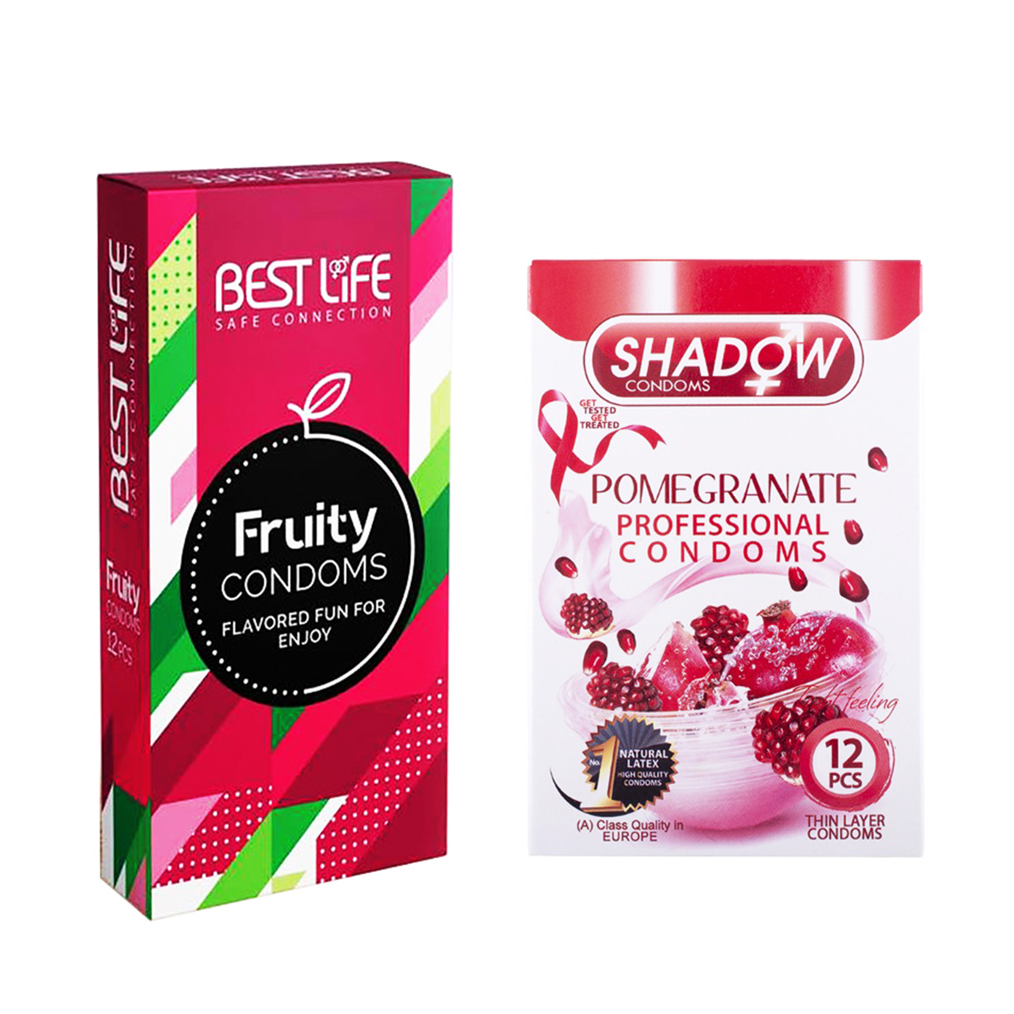 کاندوم بست لایف مدل Fruity بسته 12 عددی به همراه کاندوم شادو مدل Pomegranate بسته 12 عددی