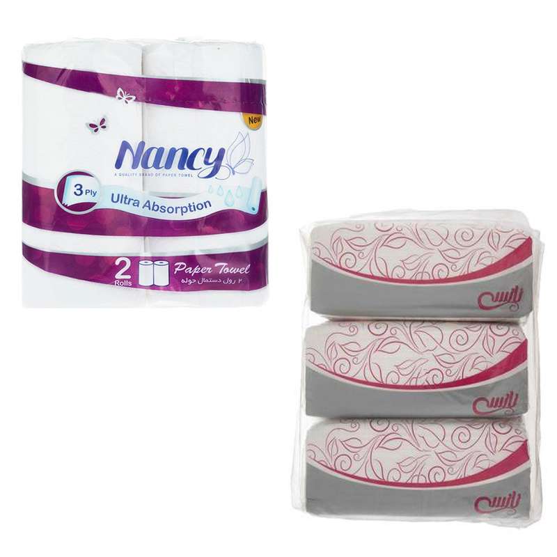 دستمال کاغذی 200 برگ نانسی مدل Soft Pack بسته 3 عددی به همراه دستمال حوله ای نانسی مدل soft بسته 2 عددی