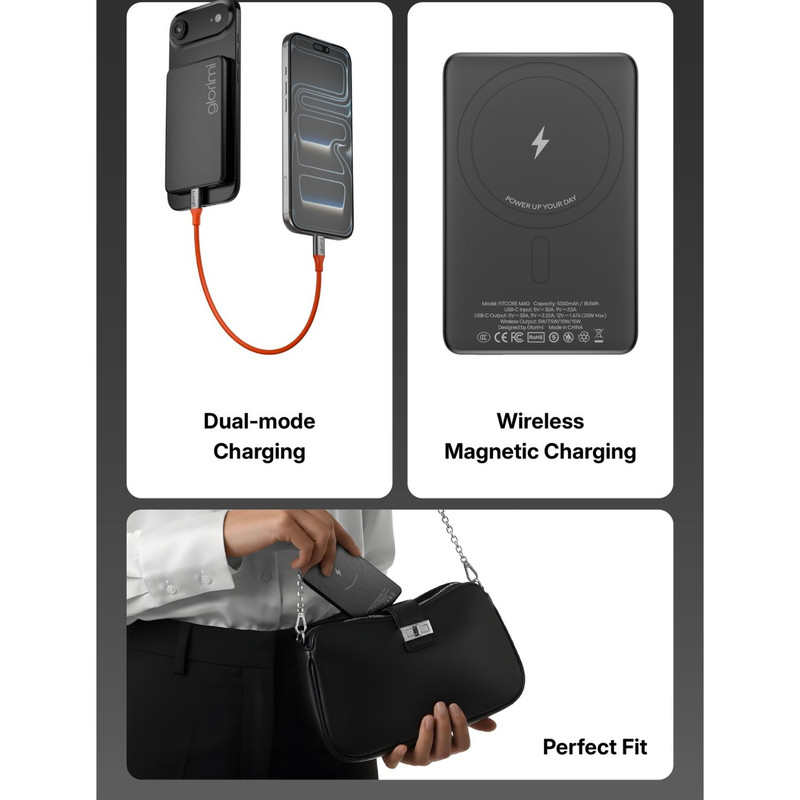 پاوربانک بی‌سیم 20 وات گلوریمی مدل FitCore Mag AIR ظرفیت 5000 میلی‌آمپرساعت به همراه کابل USB-C