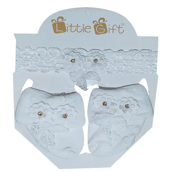 ست هدبند و جوراب نوزادی مدل Flower کد Se2 رنگ سفید