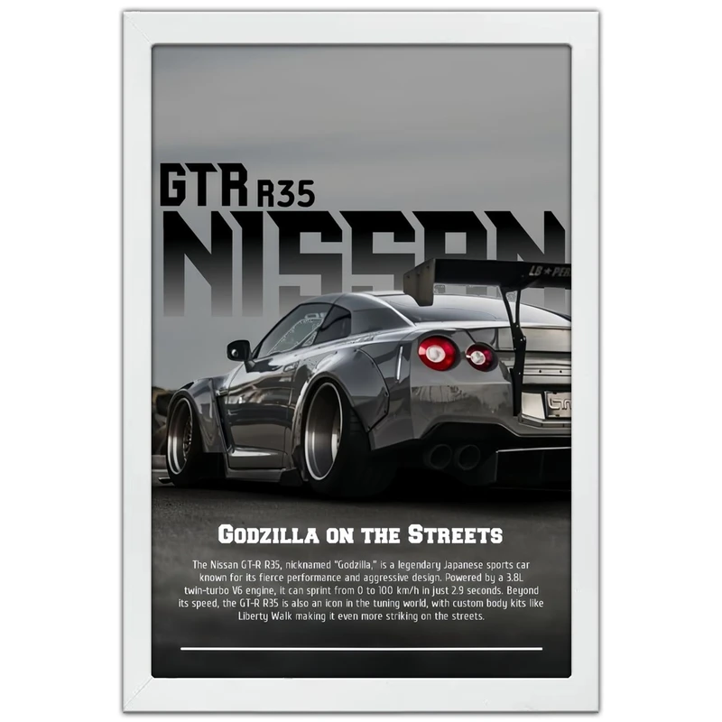 تابلو بکلیت طرح ماشین و خودرو نیسان جی تی ار NISSAN GTR R35 مدل W-po1997 فریم سفید