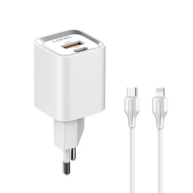شارژر دیواری 20 وات 2 پورت الدینیو مدل A2318C به همراه کابل تبدیل USB-C به لایتنینگ